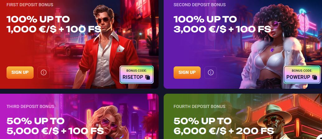 Claim all four deposit bonuses and spin with extra free spins on the promotions page