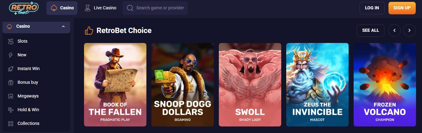 Search for your favourite slots and play top games in the casino lobby